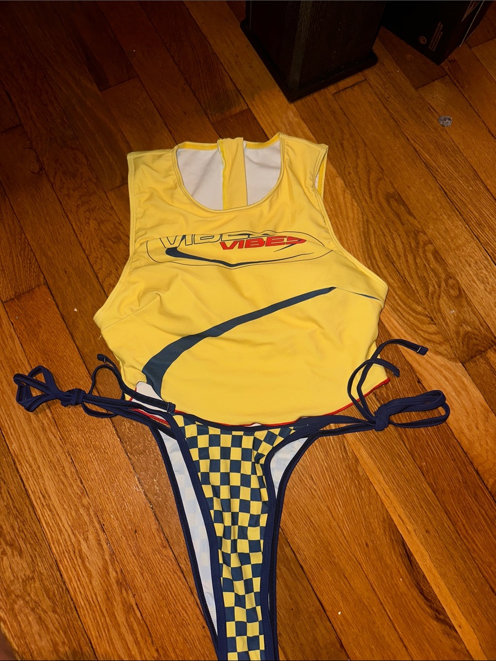SHEIN Yellow & Navy Checkerboard Tie-Side One-Piece Swimsuit
